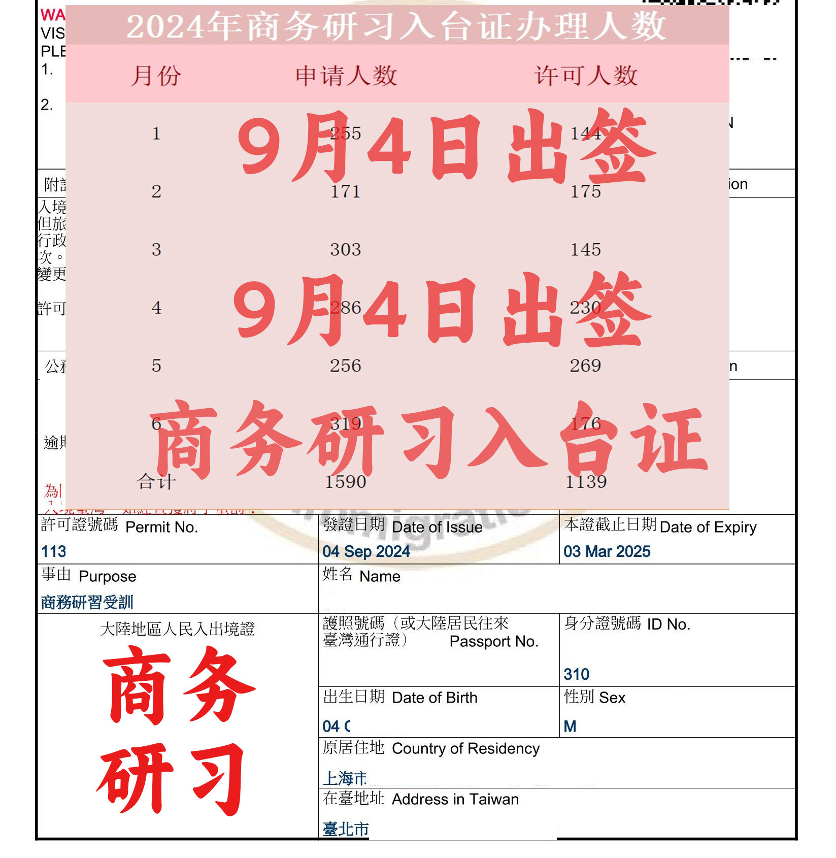 商务研习入台证样本